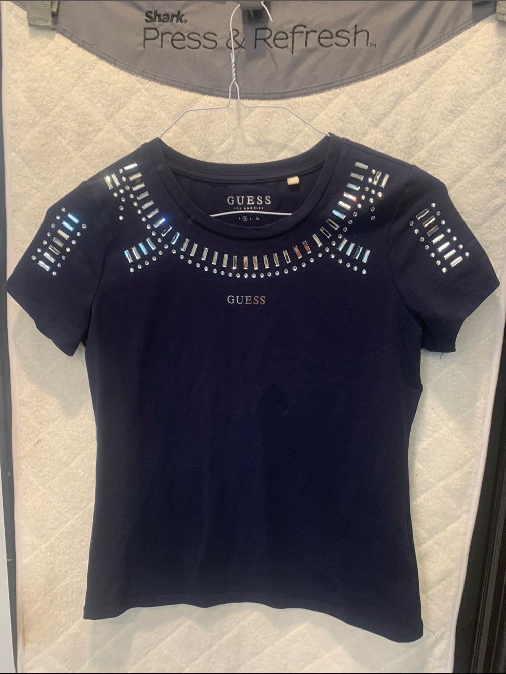 GUESS Navy Short Sleeve Tee with Iridescent Studs